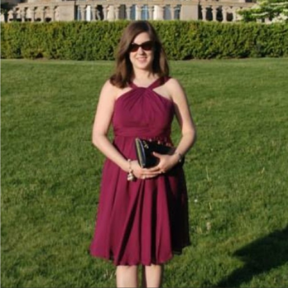 David’s Bridal Y-neck short crinkle chiffon dress